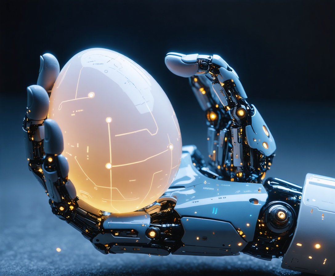 Eine Roboterhand hält ein leuchtendes digitales Ei