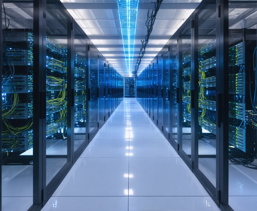 Ein moderner Rechenzentrum-Gang mit blauer Beleuchtung